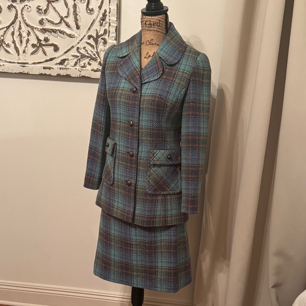 Vintage Scottish Wool Plaid Turquoise Skirt Suit 10 Rensor